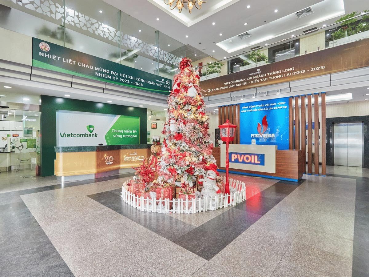 Lobby area of PV-OiL Building decorated for the holiday season with reception desks and festive decorations